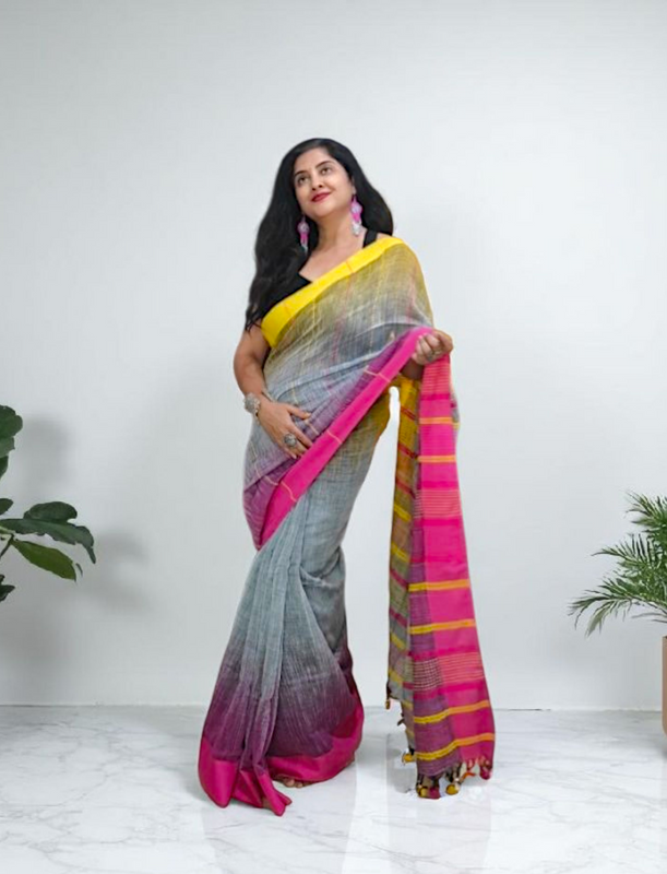 Yellow pink and gray color linen saree